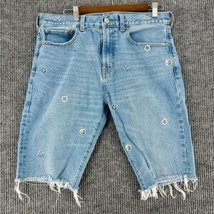 Y2K Embroidered Jorts Light Wash Denim Shorts Raw Hem Streetwear 32